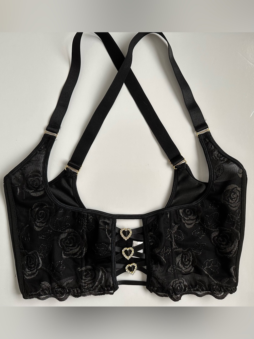 Black Lace Corset Top Rhinestones Heart Accents Lace Size L Halloween Sexy